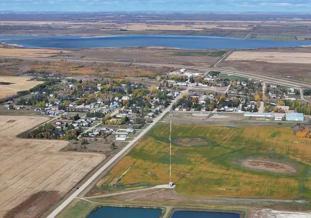 Aerial view of the town and surrounding prairie